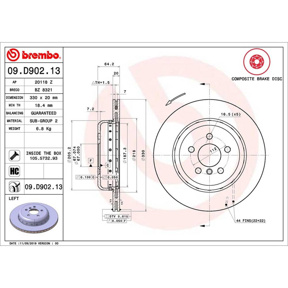 Brembo Prime Vented Composite Rear Brake Rotor - Single - 09.D902.13