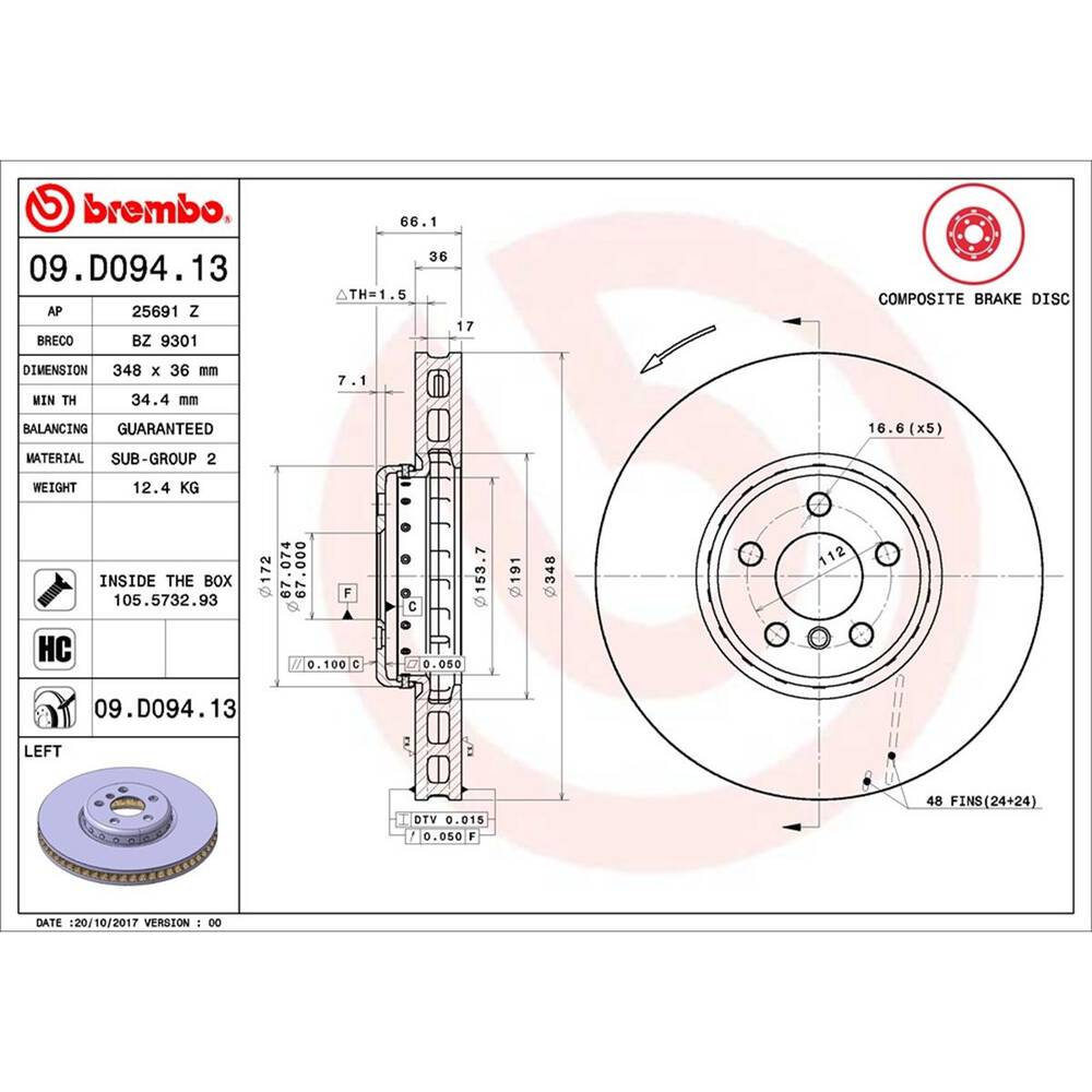 Brembo Prime Vented Composite Brake Rotor - Single - 09.D094.13