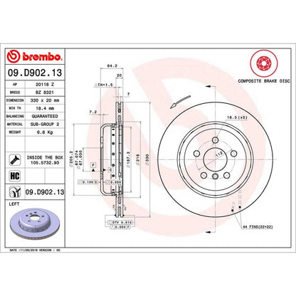 Brembo Prime Vented Composite Rear Brake Rotor - Single - 09.D902.13