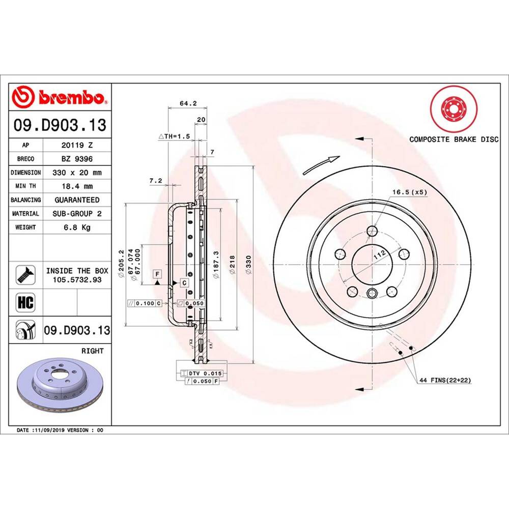 Brembo Prime Vented Composite Rear Brake Rotor - Single - 09.D902.13